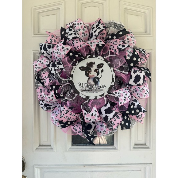 Pink Black Cow Welcome-ish Mesh Ribbon Spring Wreath Front Door Hanger Decor - Picture 1 of 8